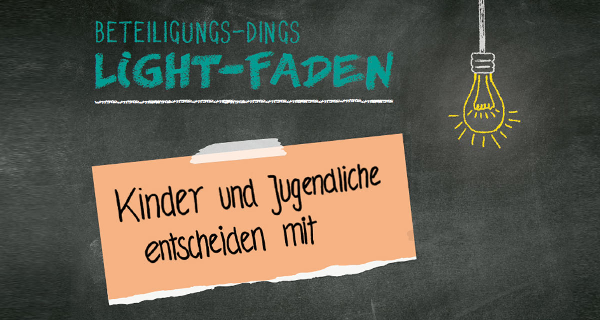 Titelbild Beteiligungs-Dings Light-Faden. Kinder und Jugendliche entscheiden mit. Grafik: VH7 Medienküche GmbH