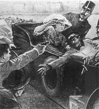 Gavrilo Princip erschießt Erzherzog Franz Ferdinand und dessen Frau. Zeitgenössische, nachempfundende Darstellung. Foto: gemeinfrei.