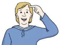 Person tippt sich an die Stirn: Ich habe das verstanden. Illustration: © Lebenshilfe für Menschen mit geistiger Behinderung Bremen e.V.; Illustrator: Stefan Albers, Atelier Fleetinsel, 2013. 