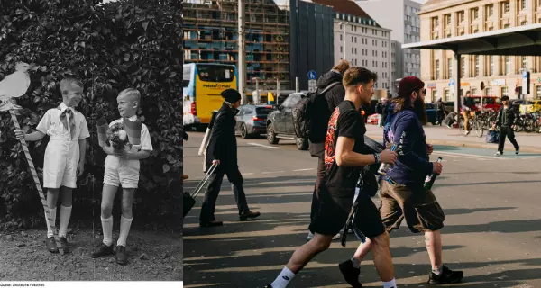 Jungpioniere (Deutsche Fotothek) und Alltagsszene Leipzig heute (Ben Kupke auf Unsplash) 
