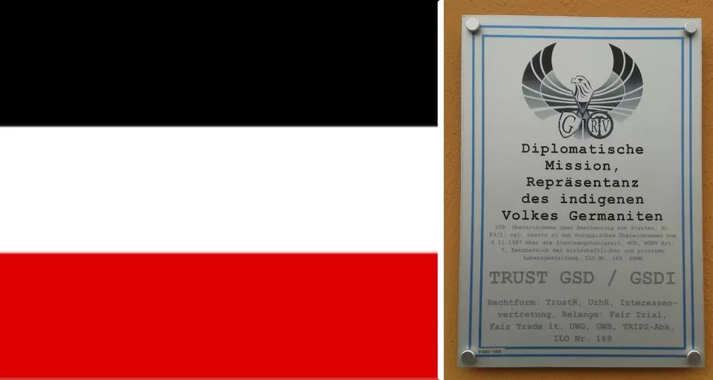 Collage aus schwarz-weiß-roter Flagge und Schild mit Aufschrift "Diplomatische Mission Repräsentanz des indigenen Volkes Germaniten"