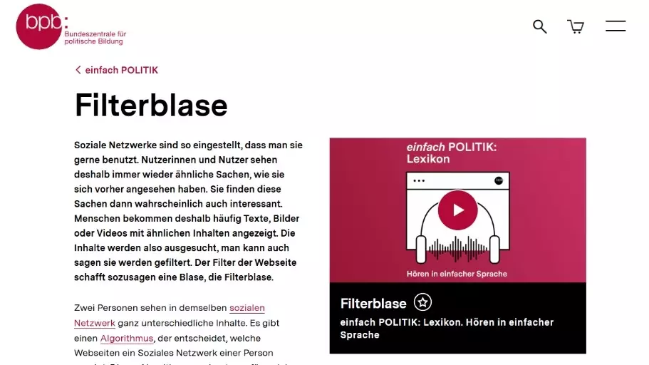 Screenshot Internetseite: "Bundeszentrale für politische Bildung - Einfach Politik: Filterblase"