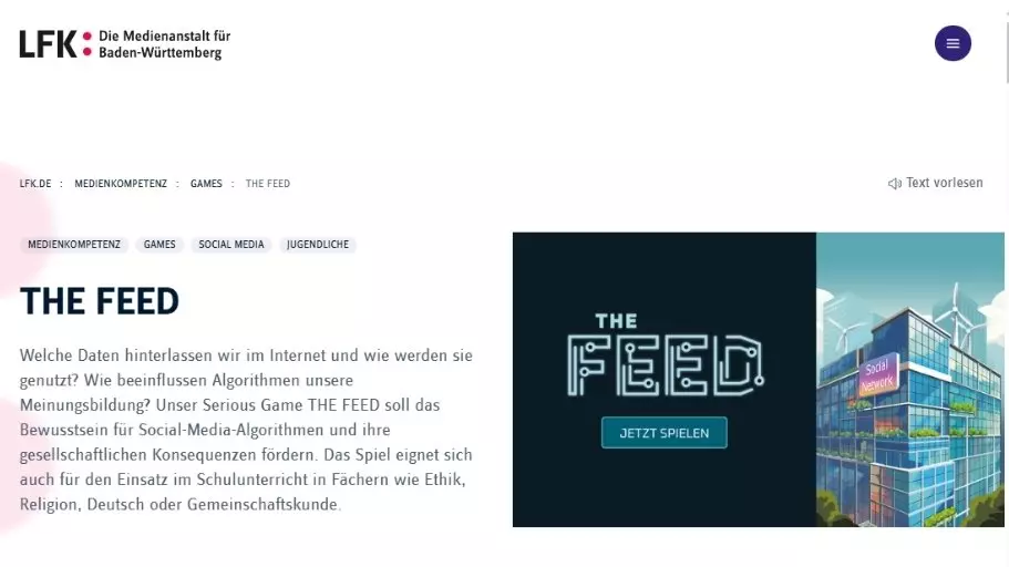 Screenshot Internetseite LFK: "Mobile Game The FEED"