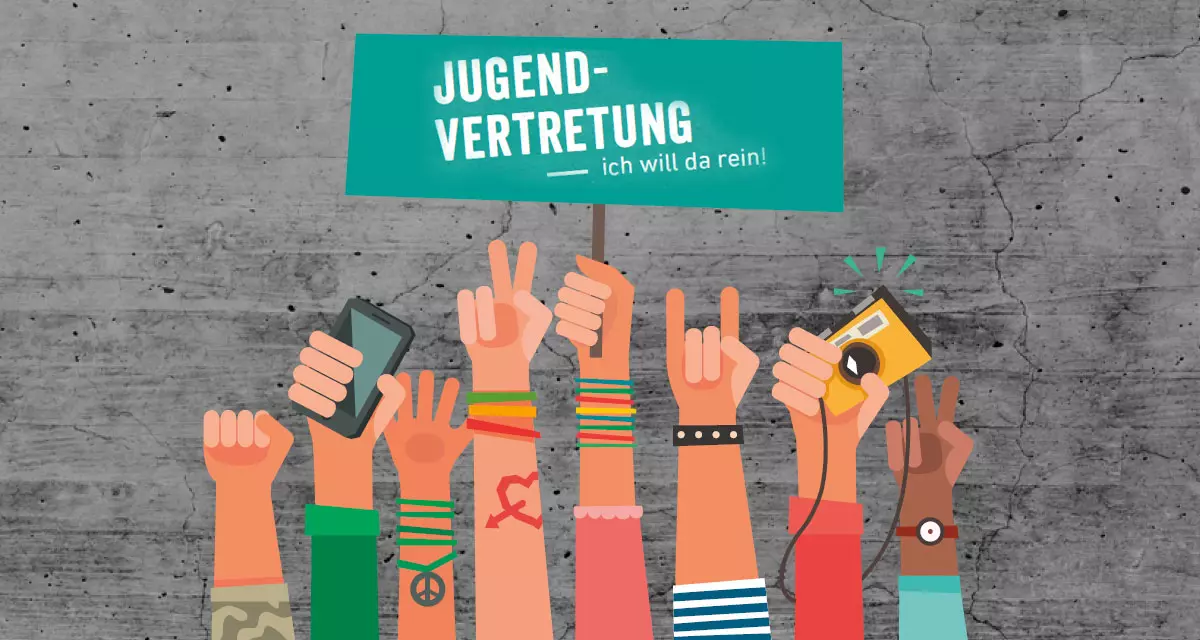 Hände halten ein Schild hoch mit Text: Jugendvertretung - ich will da rein! | Grafik: IStock