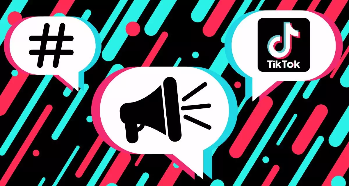 Symbolbild Meinungsbildung auf TikTok. Grafik: LpB BW via Canva. Sprechblasen mit Hashtag, Lautsprecher und TikTok-Symbol. Grafik: LpB BW via Canva.