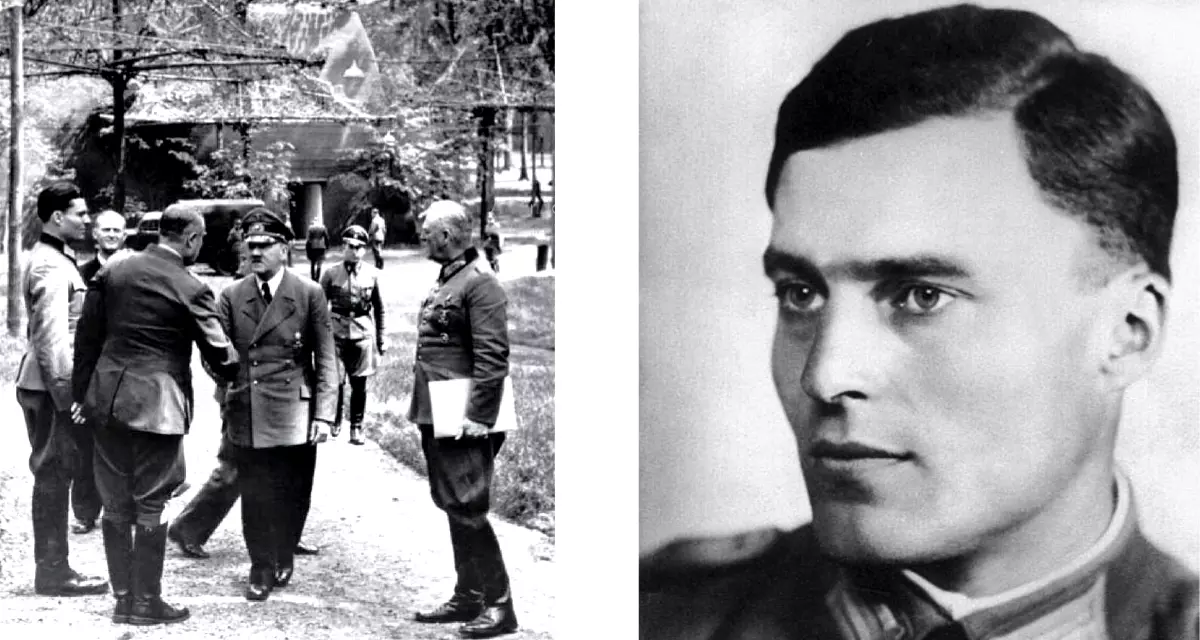 Linkes Bild zeigt Stauffenberg mit Hitler im Führerhauptquartier, rechtes Bild zeigt Stauffenberg im Porträt