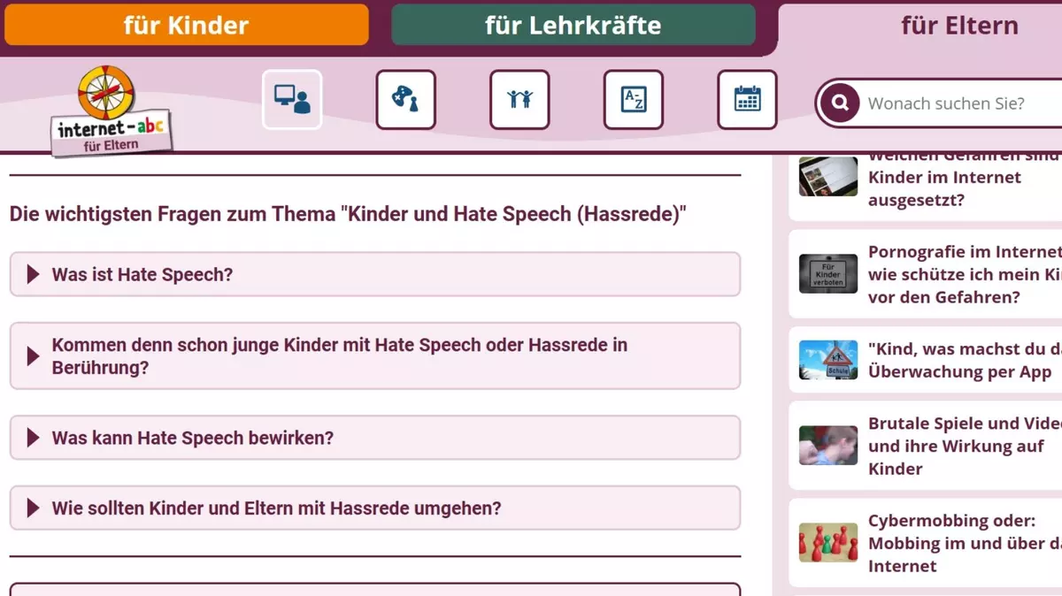 Screenshot Internetseite "Internet ABC - Hate Speech."