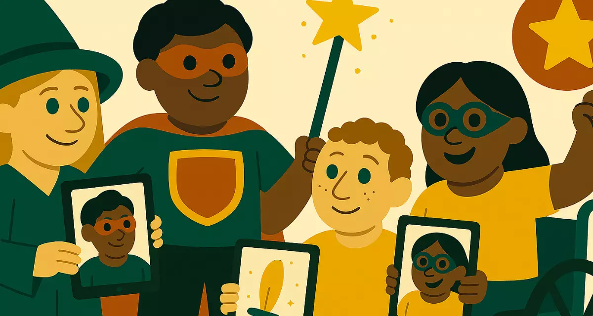 Fünf Kinder verkleidet als Fantasiefiguren mit Tablets. Illustration: KI-generiert mit ChatGPT. Fünf Kinder verkleidet als Fantasiefiguren mit Tablets. Illustration: KI-generiert mit ChatGPT.