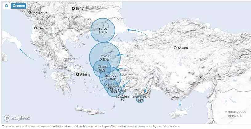Übersicht über die Fluchtbewegung im Jahr 2020 nach Griechenland. Registrierte Ankünfte. Stand: 02.03.2020. Quelle: UNHCR, data portal, CC-BY.