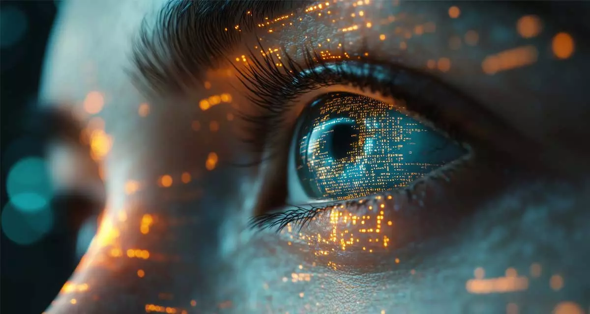 Frauenprofils mit digitaler Datenüberlagerung im Gesicht. Foto: Adobe Stock | Oksana, KI-generiert