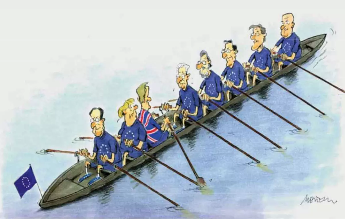 Karikatur „Und eins, und zwei, und ...?..." Alle sitzen in einem Boot und rudern in die eine Richtung, nur ein Ruderer mit einer britischen Flagge rudert in die andere Richtung. © Gerhard Mester, 2013 