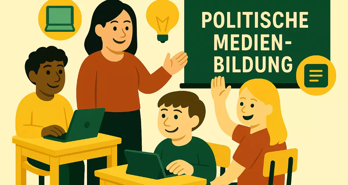 Drei Kinder mit Laptops und eine erwachsene Person im Klassenraum. Illustration: KI-generiert mit ChatGPT. Drei Kinder mit Laptops und eine erwachsene Person im Klassenraum. Illustration: KI-generiert mit ChatGPT.