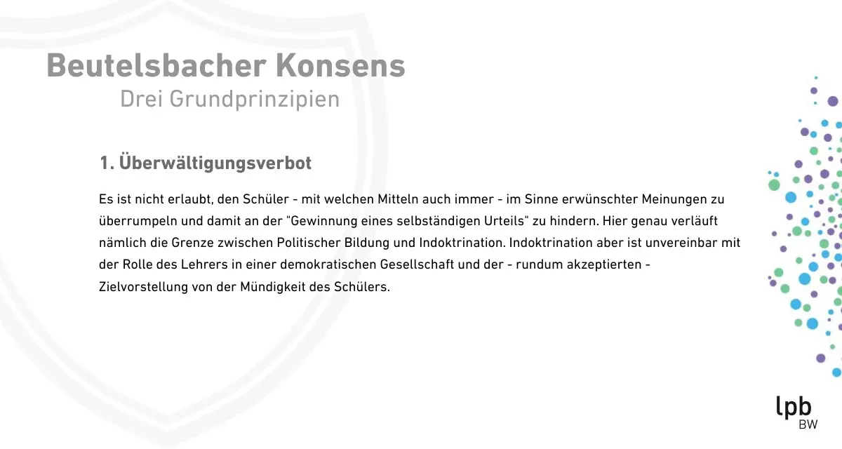 Grafik mit dem Text zum ersten Grundprinzip des Beutelsbacher Konsenses: Überwältigungsverbot. Grafik: LpB. 