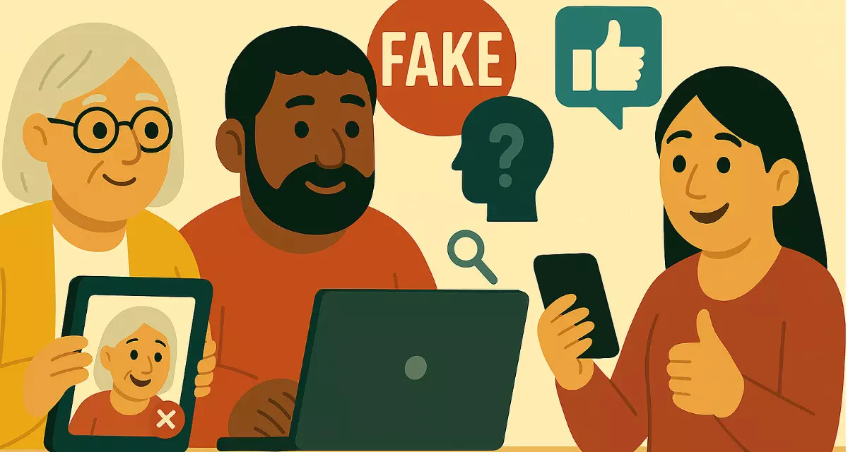 Drei Erwachsene nutzen Laptop, Tablet und Smartphone. Illustration: KI-generiert mit ChatGPT. Drei Erwachsene nutzen Laptop, Tablet und Smartphone. Im Hintergrund Symbole zu Social Media, Fake News und Informationssuche. Illustration: KI-generiert mit ChatGPT.
