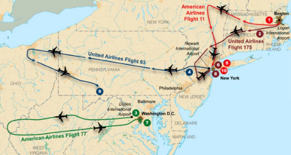 Flugrouten der vier Flugzeuge am 11. September 2001. Grafik: FBI, wikimedia (gemeinfrei)
