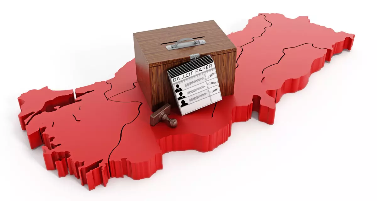 Eine Wahlurne steht auf einem roten Umriss der Türkei.