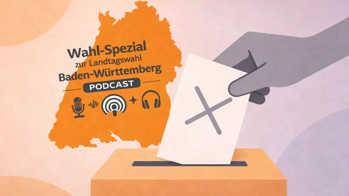 Grafik zur Landtagswahl in Baden-Württemberg: Eine stilisierte orange Landeskarte mit der Aufschrift „Wahl-Spezial zur Landtagswahl Baden-Württemberg – Podcast“ sowie Symbolen für Mikrofon, Podcast und Kopfhörer. Rechts wirft eine stilisierte Hand einen Stimmzettel mit Kreuz in eine Wahlurne. Grafik: KI-generiert mit ChatGPT.