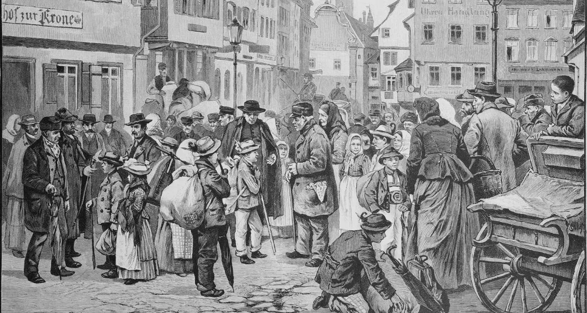 Der Stich aus der Zeitschrift „Die Gartenlaube“ aus dem Jahr 1895 zeigt das Vermieten der Tiroler Schwabenkinder in Ravensburg. © Wikimedia Commons | gemeinfrei