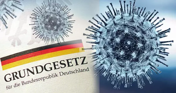 Covid-19. Foto: pixabay.com, fernando zhiminaicela, 5065420 | Grundgesetz. Foto: LpB BW 