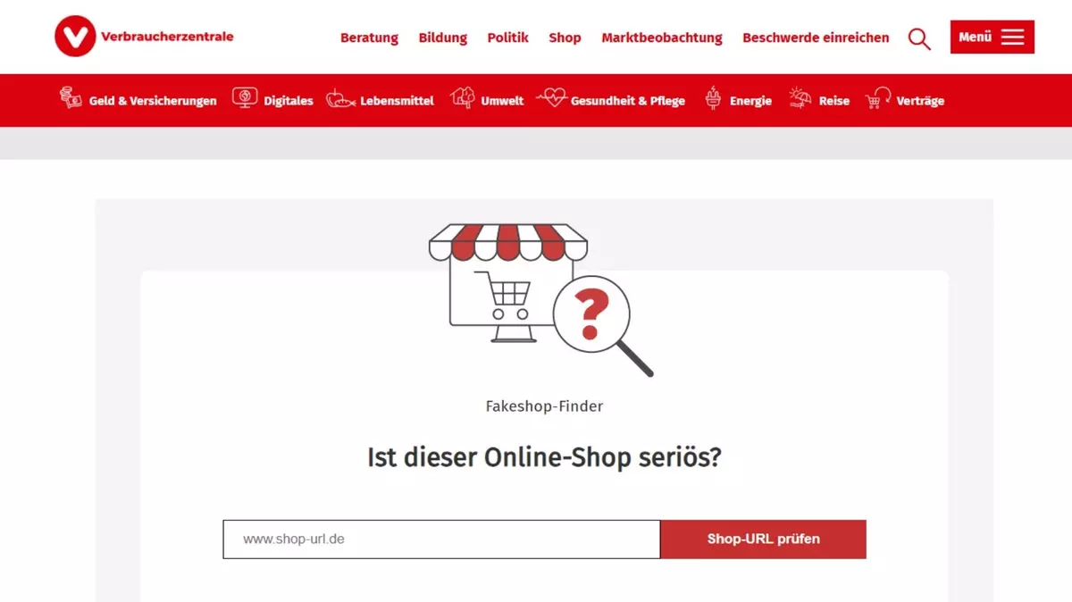 Screenshot Internetseite "Verbraucherzentrale: Fakeshop-Finder"
