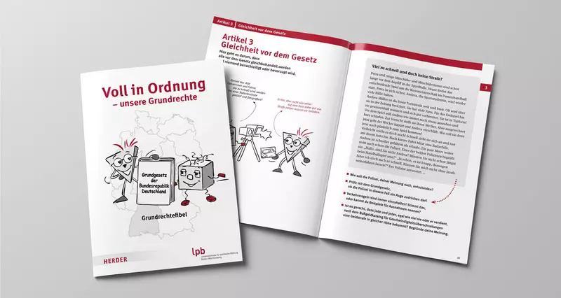Buch Grundrechtefibel. Einblick innen und außen. Foto: LpB