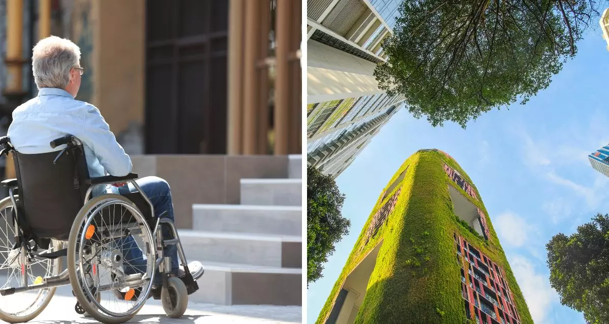 Bleiben Standards der Barrierefreiheit und der Nachhaltigkeit durch das Schneller-Bauen-Gesetz auf der Strecke? Collage via Canva.