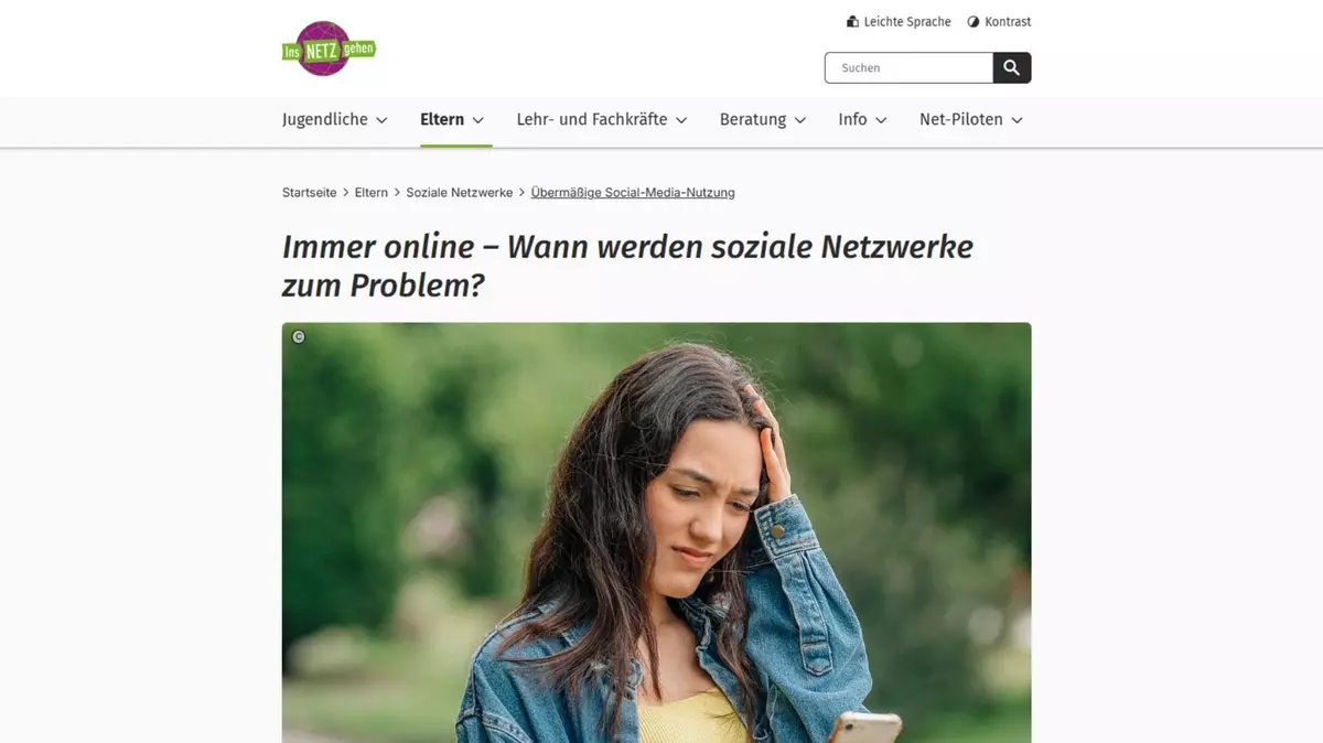 Screenshot Internetseite Ins-netz-gehen: Immer online – Wann werden soziale Netzwerke zum Problem? Tipps für Eltern