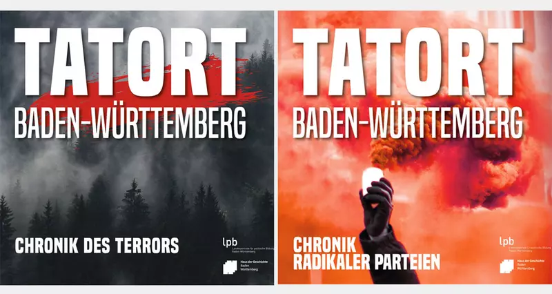 Podcast-Reihe „Tatort Baden-Württemberg". Cover der 1. Staffel: Chronik des Terrors und Cover der 2. Staffel: Chronik radikaler Parteien. 