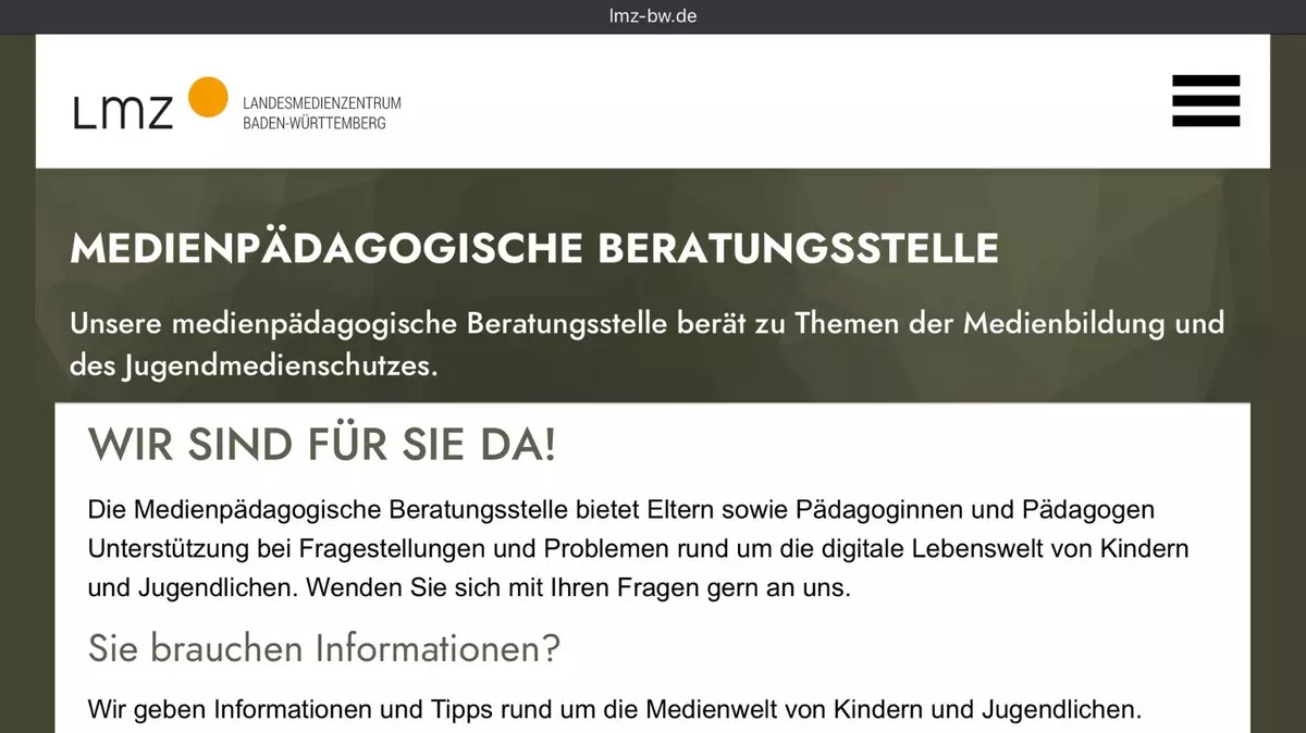 Screenshot Internetseite Landesmedienzentrum: Medienpädagogische Beratungsstelle.