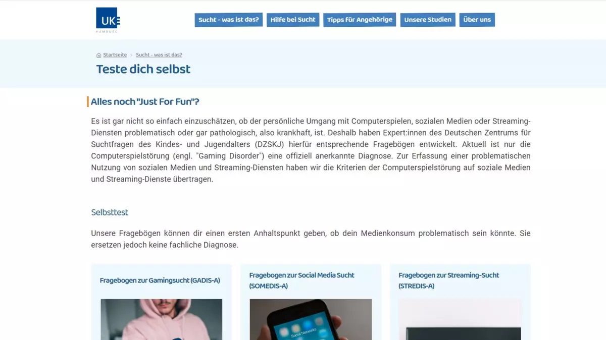 Screenshot Internetseite Mediensuchthilfe: Problemtische Social-Media-Nutzung erkennen.
