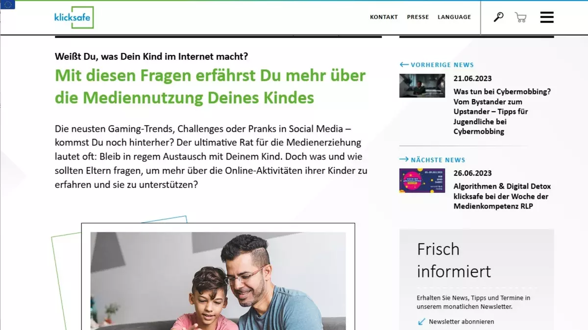 Screenshot Internetseite Klicksafe: "Mit diesen Fragen erfährst Du mehr über die Mediennutzung Deines Kindes".