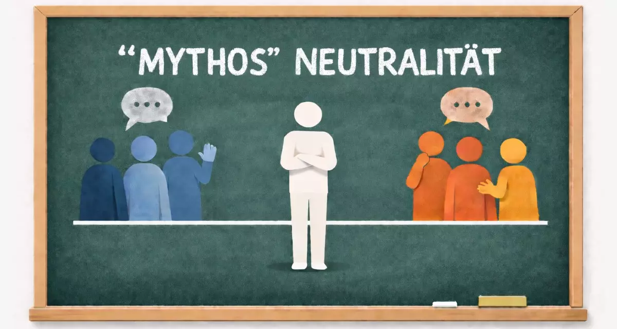 Tafel mit „MYTHOS“ NEUTRALITÄT, darunter eine Lehrkraft zwischen verschiedenen Meinungen. Symbolbild: Mythos Neutralität, KI-generiert mit ChatGPT. 