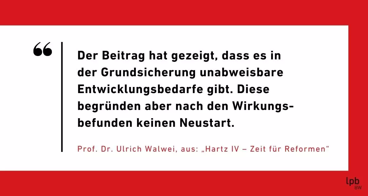 Zitat Walwei: Der Beitrag hat gezeigt, dass es in der Grundsicherung unabweisbare Entwicklungsbedarfe gibt. Diese begründen aber nach den Wirkungsbefunden keinen Neustart. Grafik: LpB BW via Canva.