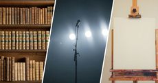 Collage aus drei Bildern. Links ein Regal mit alten Büchern, in der Mitte ein Mikro auf einer Bühne, rechts eine leere Leinwand auf einer Staffelei.