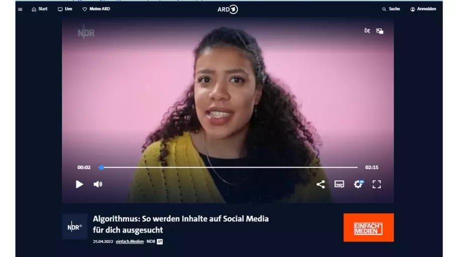 Screenshot ARD-Mediathek: "Algorithmus: So werden Inhalte auf Social Media für dich ausgesucht" 