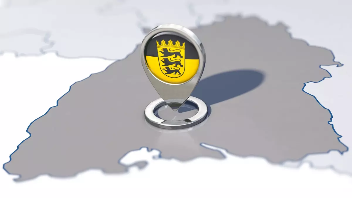 Umriss des Landes Baden-Württemberg mit Landeswappen. Foto: Adobe Stock | bluedesign