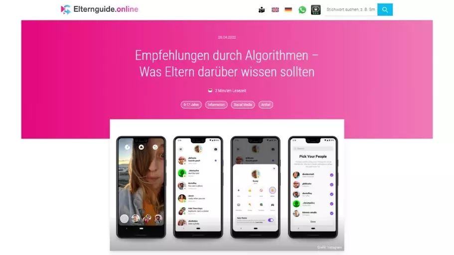 Screenshot Internetseite: "Elternguide online: Empfehlungen durch Algorithmen – Was Eltern darüber wissen sollten"