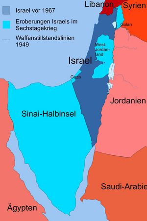 Die Karte zeigt Israel vor dem Krieg von 1967 (dunkelblau) und die im Krieg eroberten Gebiete (hellblau). Foto: Wikimedia Commons/Hoheit (CC-BY-SA 3.0)
