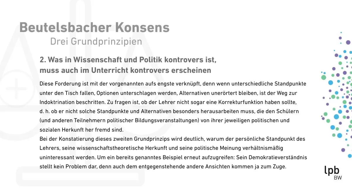 Grafik mit dem Text zum zweiten Grundprinzip des Beutelsbacher Konsenses: Kontroversitätsgebot. Grafik: LpB. 