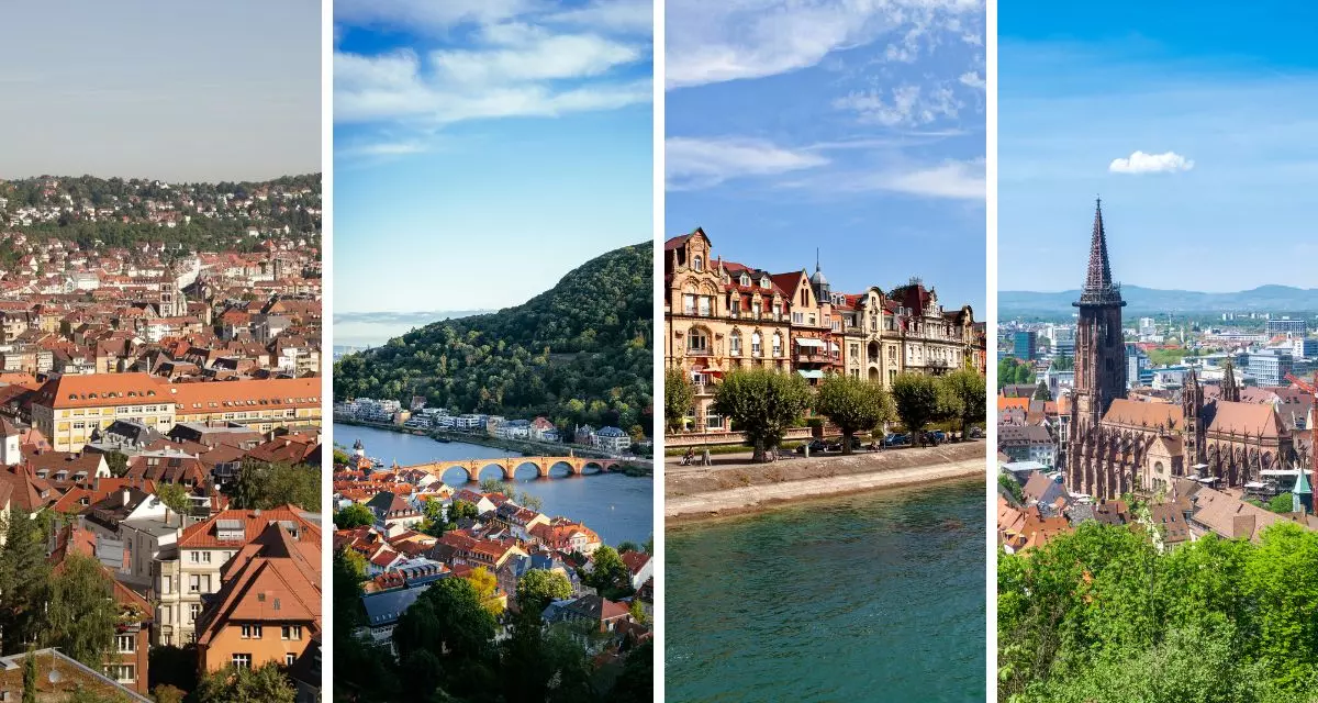 Wohnen ist insbesondere in Baden-Württembergs Großstädten und Ballungszentren äußerst kostspielig. Von links nach rechts: Stuttgart, Heidelberg, Konstanz und Freiburg. Collage via Canva.