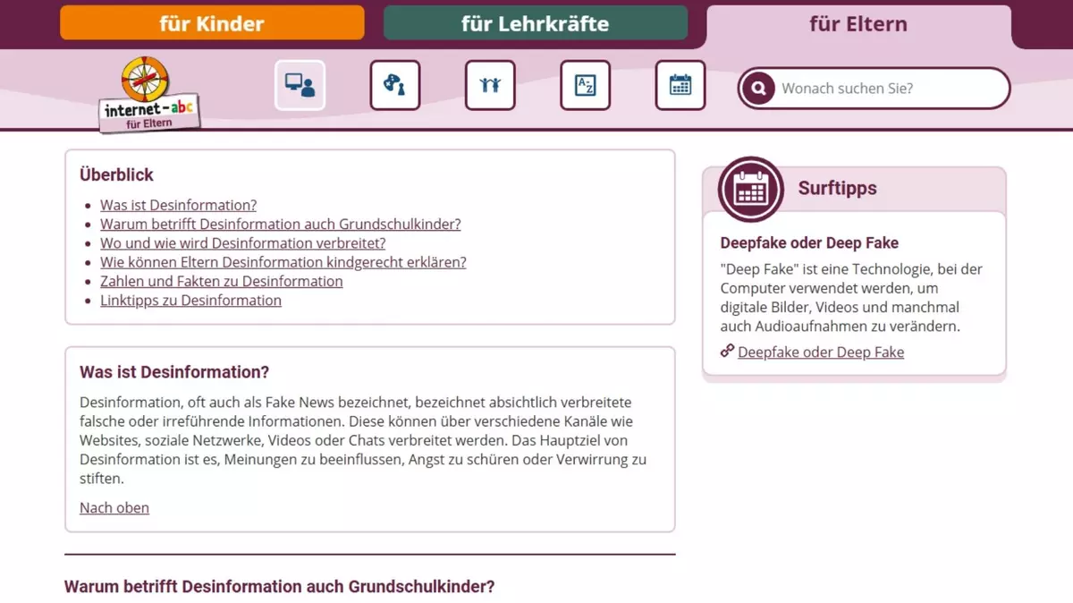 Screenshot Internetseite "Internet-ABC: Desinformation erkennen und erklären".