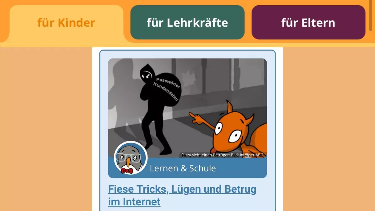 Screenshot Internetseite InternetABC: Lernmodul für Kinder über Online-Sicherheit.