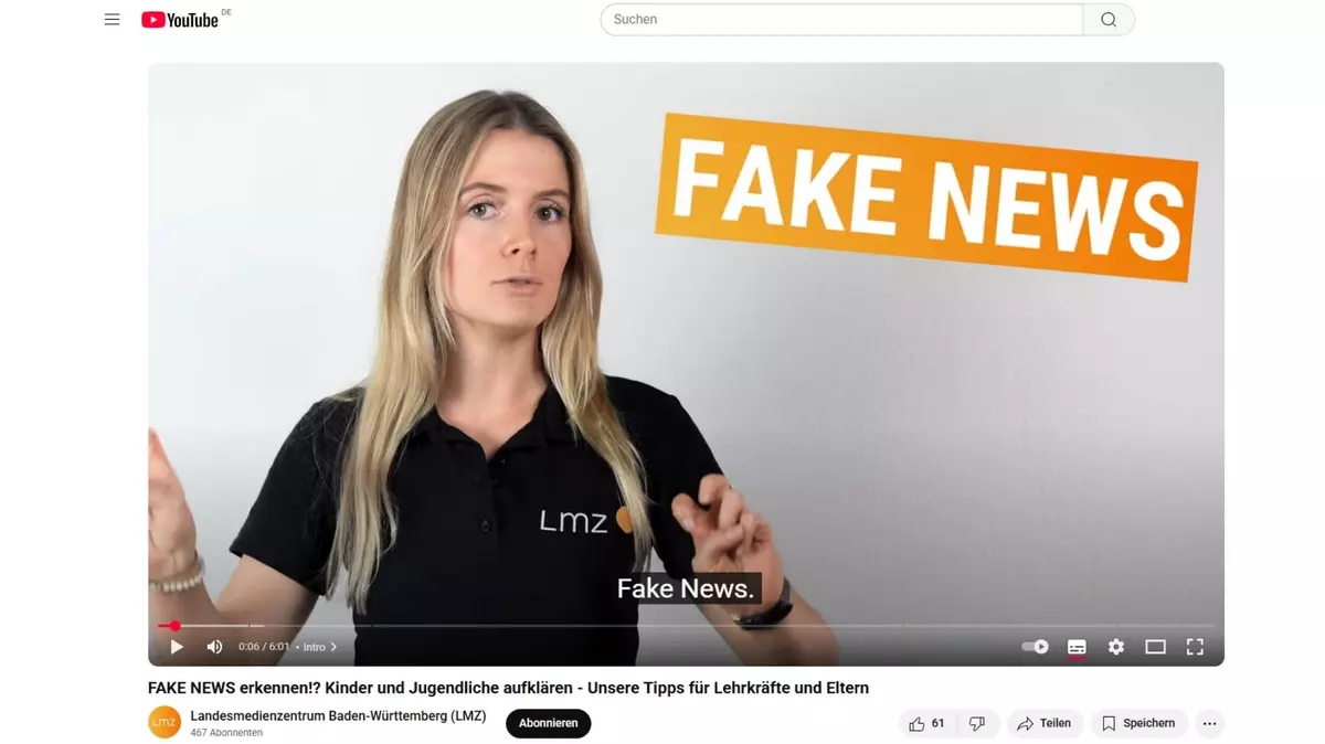 Screenshot Youtube: Landesmedienzentrum Baden-Württemberg: Fake News erkennen!? Kinder und Jugendliche aufklären - Unsere Tipps für Lehrkräfte und Eltern.