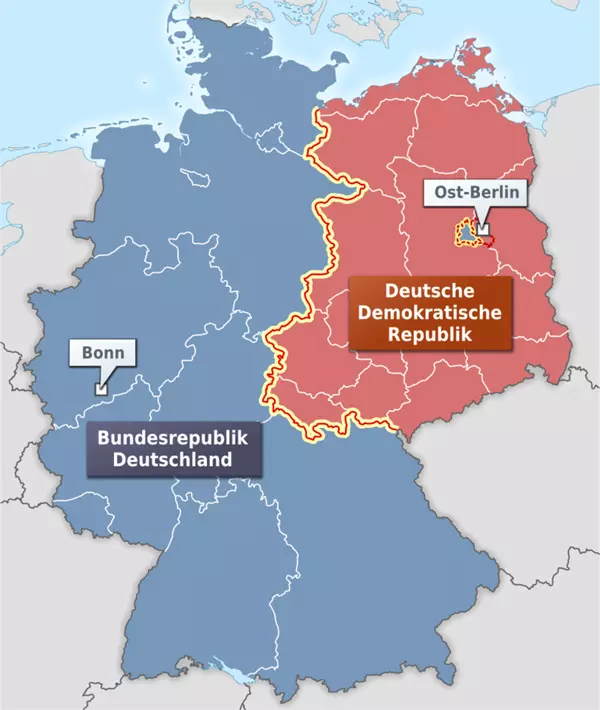 Karte der Innerdeutschen Grenze und der Bundesländer der BRD und Bezirke der DDR. Quelle: Wikimedia / Alexrk2, CC BY-SA 3.0.