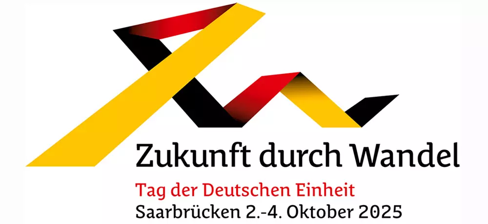 2025 richtet die Landeshauptstadt Saarbrücken die offiziellen Feierlichkeiten zum Tag der deutschen Einheit unter dem Motto "Zukunft durch Wandel" aus. © Logo Tag der Deutschen Einheit - Saarbrücken 2025