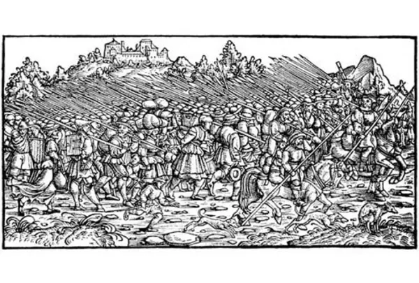 Bewaffnete Bauern um 1525, Holzschnitt von Froschauer. Foto: Robert Bothner, Quelle: Landesmedienzentrum Baden-Württemberg.