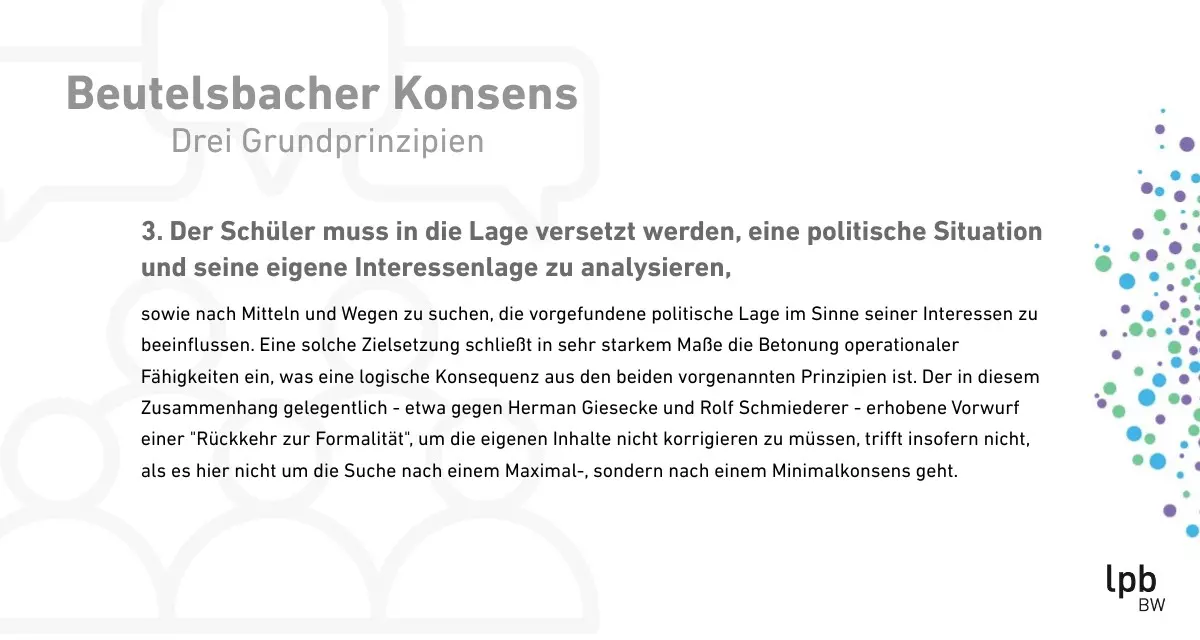 Grafik mit dem Text zum dritten Grundprinzip des Beutelsbacher Konsenses: Partizipationsgedanke. Grafik: LpB. 