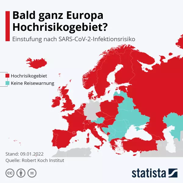 Bald ganz Europa Hochrisikogebiet. Grafik: statista / Quelle: Robert Koch Institut. Referenzlink: https://de.statista.com/infografik/24909/sars-cov-2-infektionsrisiko-in-europa/