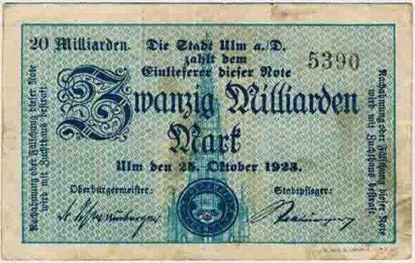 Inflationsgeldschein der Stadt Ulm aus dem Oktober 1923. Quelle: Stadtarchiv Ulm, B 777/10 Nr. 3