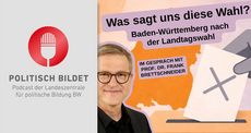 POLITISCH BILDET. Podcast der Landeszentrale für politische Bildung BW. Baden-Württemberg nach der Landtagswahl 2026: Was sagt uns diese Wahl? Im Gespräch mit Prof. Dr. Brettschneider (Foto: Pressefoto Uni Hohenheim) & Grafik: Symbolbild Wählen: Urne und Kreuz. Grafik: LpB, KI-generiert, Chat GPT